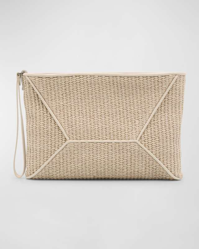 Zip Raffia & Leather Wristlet
