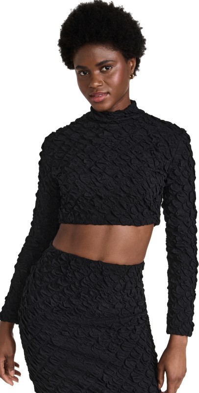 Dur Doux Puckered Knit Long Sleeve Crop Top Black