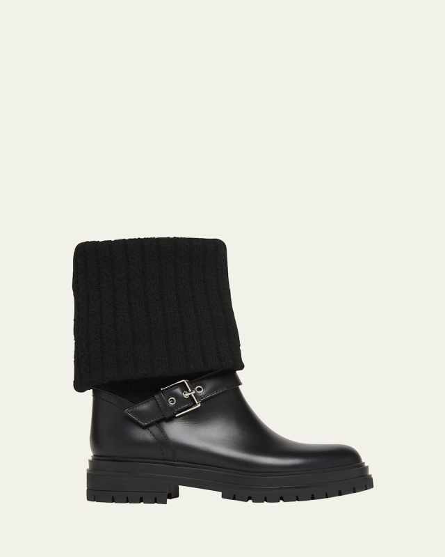 Leather Knit Collar Moto Boots