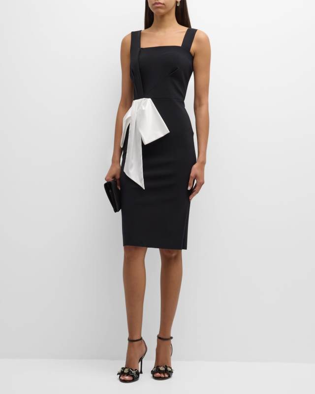 Pleated Square-Neck Bodycon Bow Midi Dress