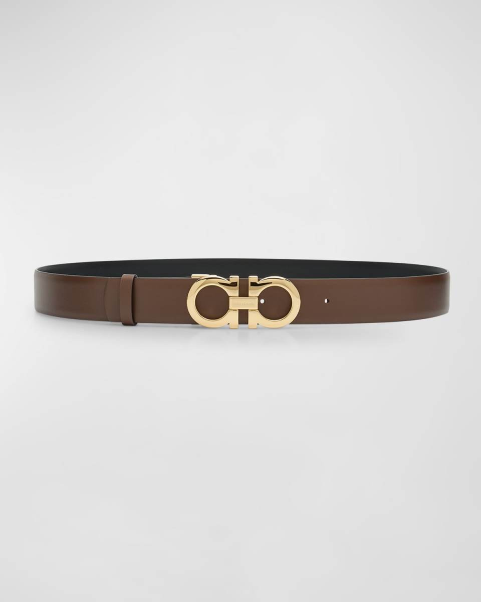Gancini Reversible Brown Leather & Brass Belt
