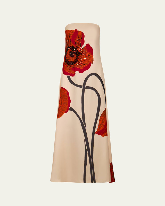 Strapless Red Petals Embellished Maxi Dress