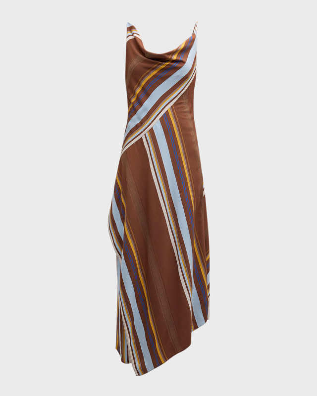 Lauren Asymmetric Stripe Cowl-Neck Sleeveless Midi Dress