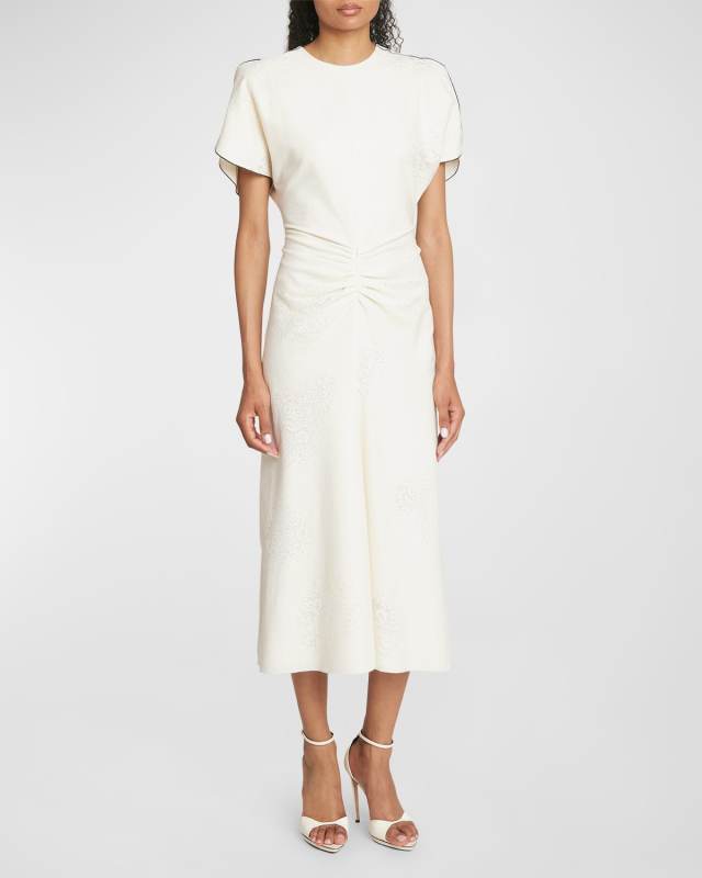 Gathered Waist Midi Dress with Split Sleeves