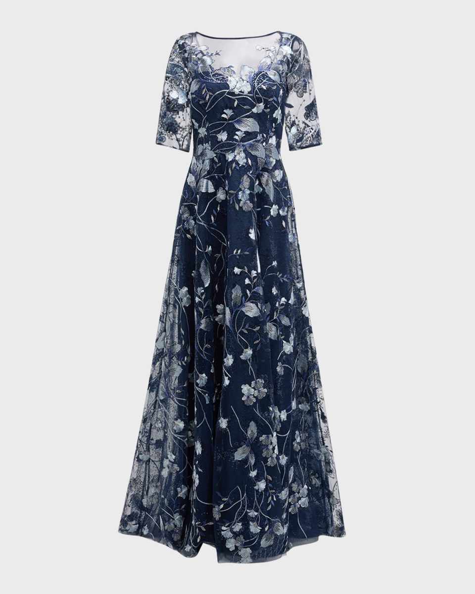 Metallic Embroidered Tulle Gown