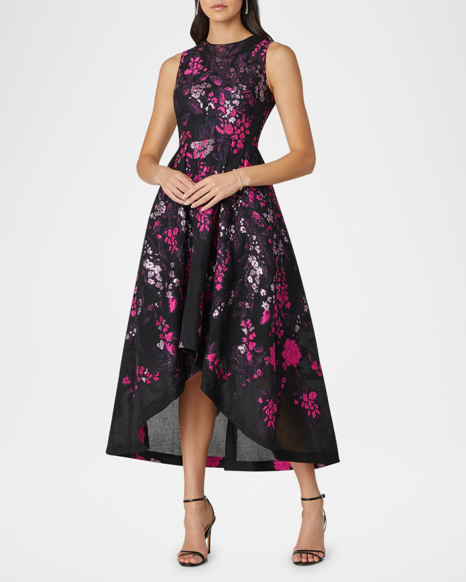 High-Low Floral Jacquard Midi Dress