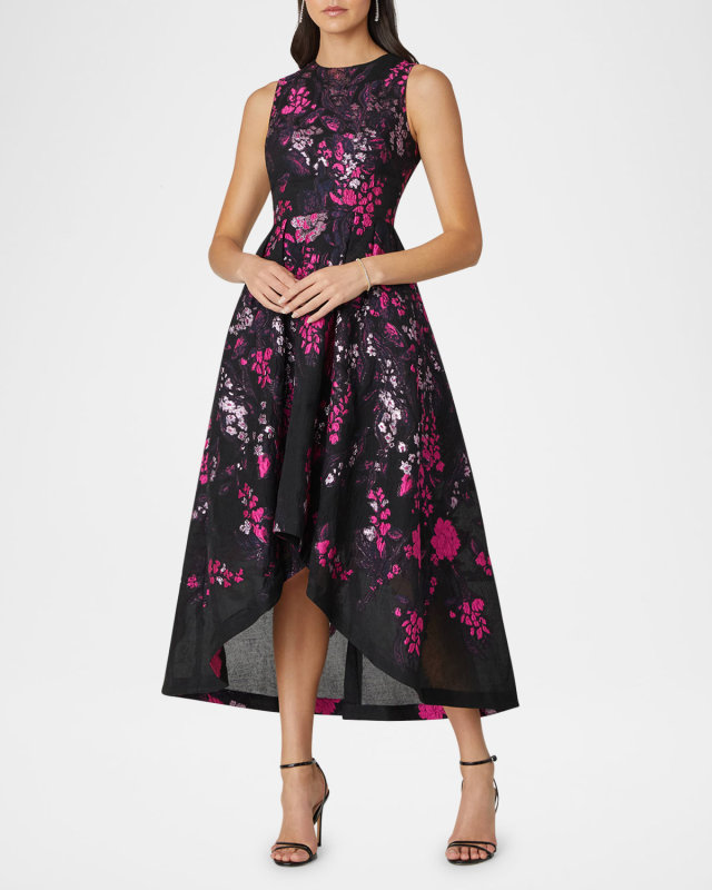High-Low Floral Jacquard Midi Dress