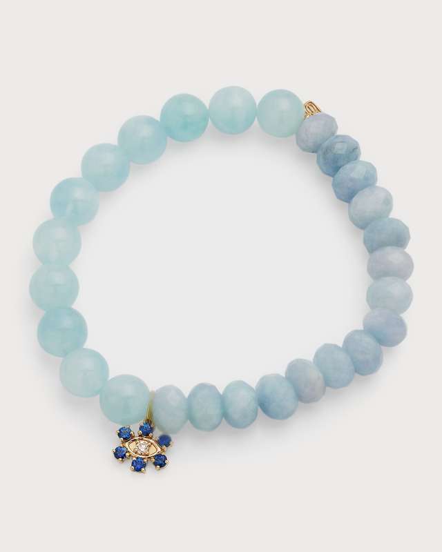 Aqua Beaded Bracelet with Sapphire & Diamond Flower Charm