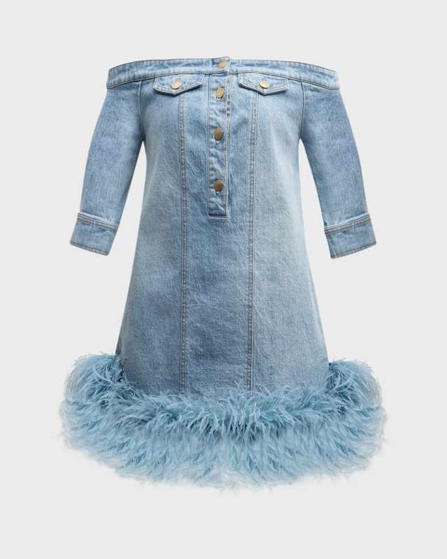 Barbara Feather-Hem Short-Sleeve Off-The-Shoulder Denim Mini Dress