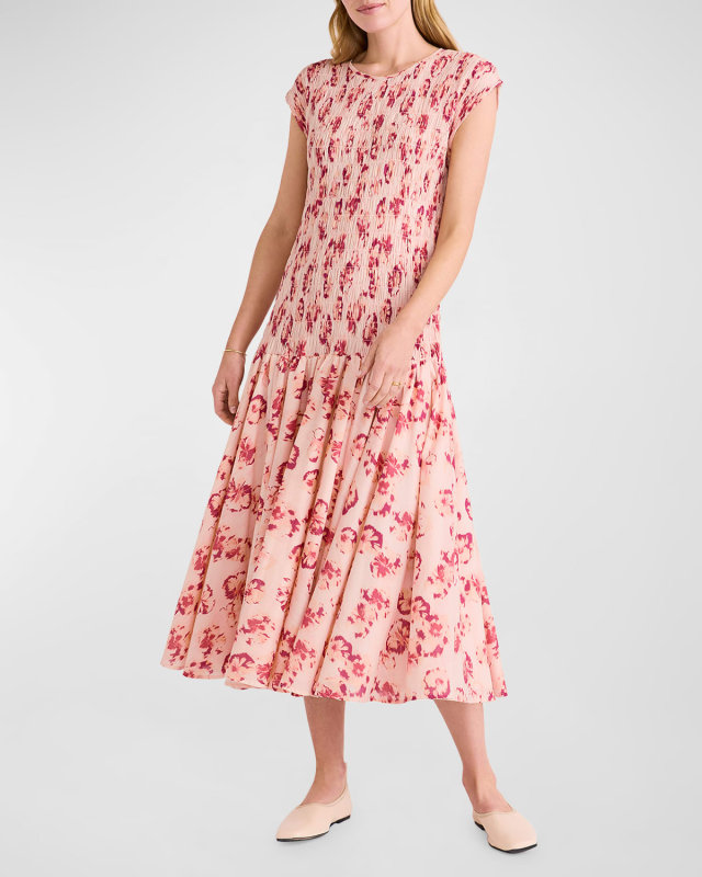 Stijl Smocked Cap-Sleeve Voile Midi Dress