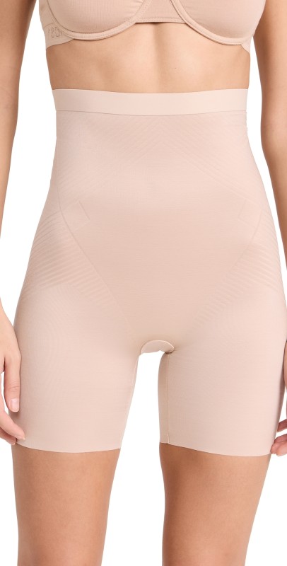 SPANX High Waist Mid-Thigh Shorts, Petite Champagne Beige