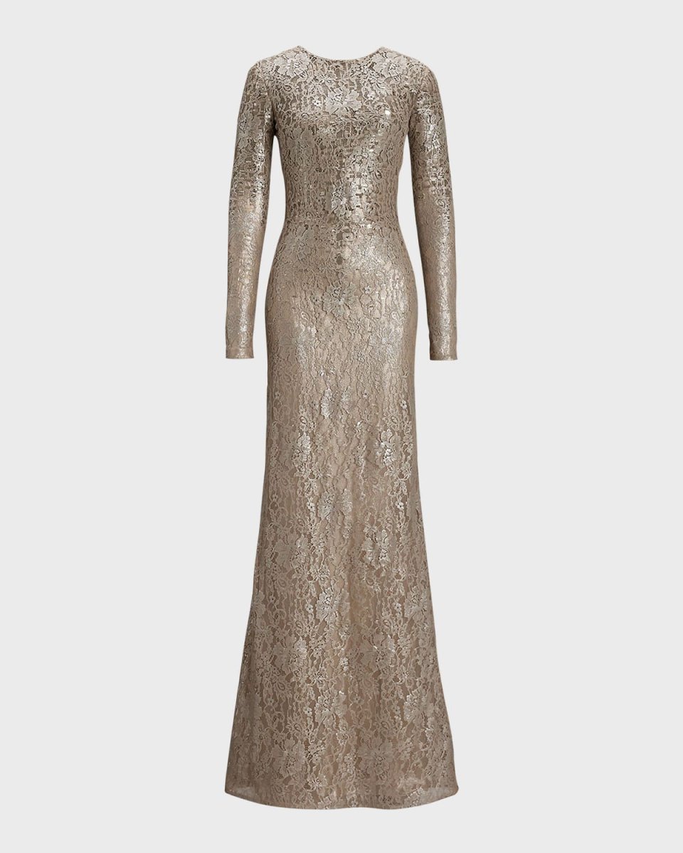 Rosalia Long-Sleeve Metallic Lace Gown