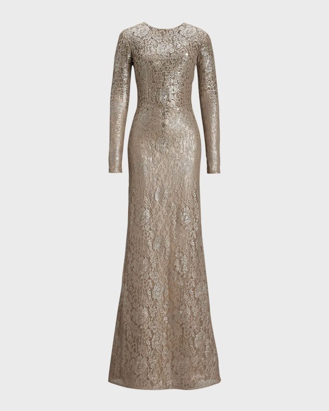 Rosalia Long-Sleeve Metallic Lace Gown