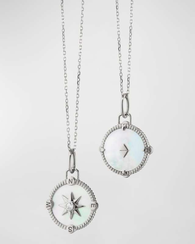 Sterling Silver Mini Adventure Compass Charm Necklace with Mother-of-Pearl and White Sapphire, 18"L