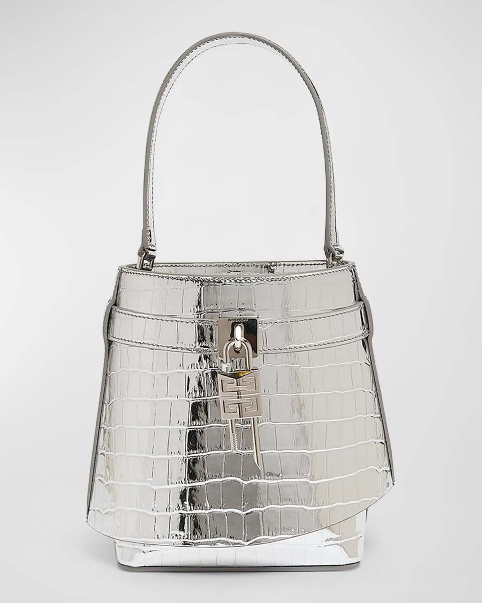 Shark Lock Bucket Bag in Metallic Croc-Embossed Leather
