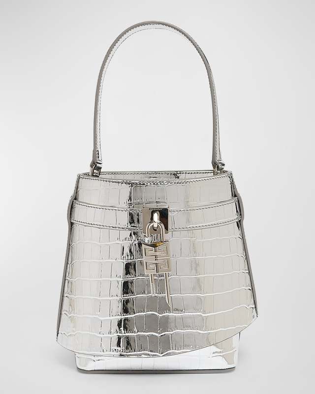Shark Lock Bucket Bag in Metallic Croc-Embossed Leather