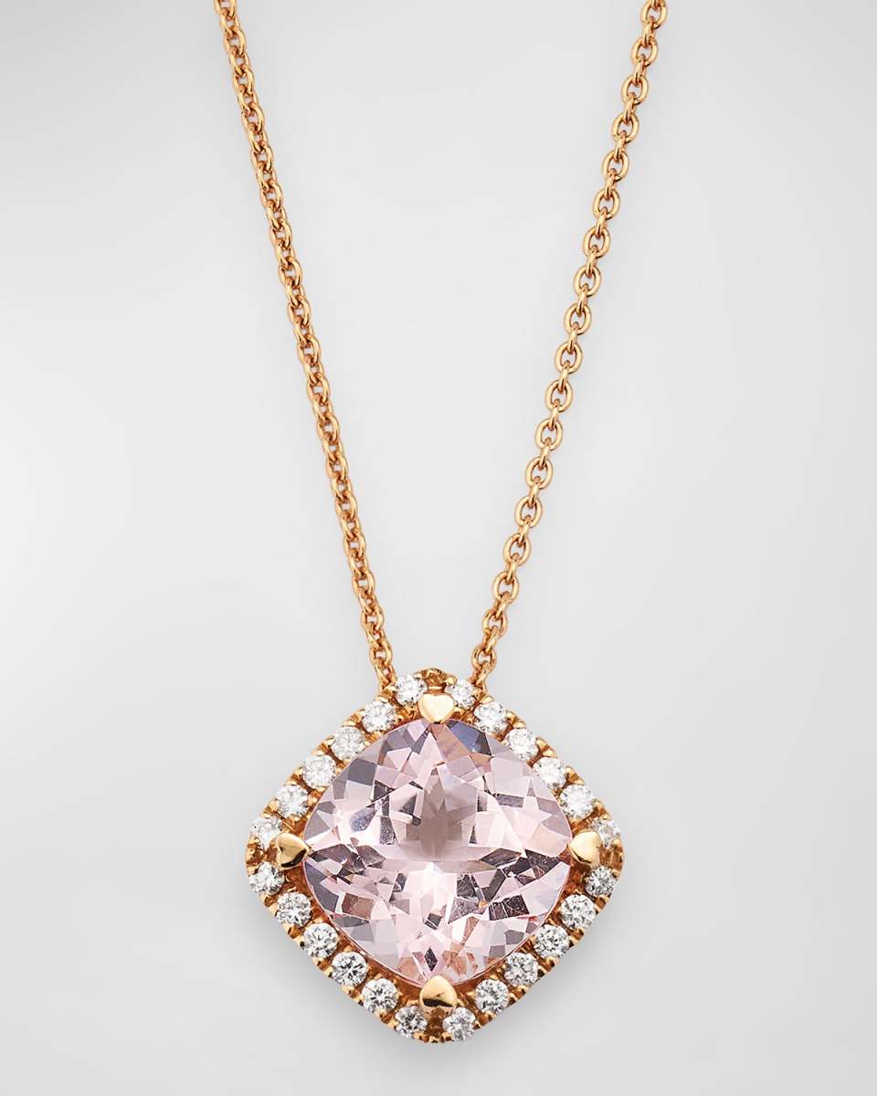 Rocks 18K Rose Gold Petite Cushion Cut Pink Morganite and Diamond Halo Pendant Necklace