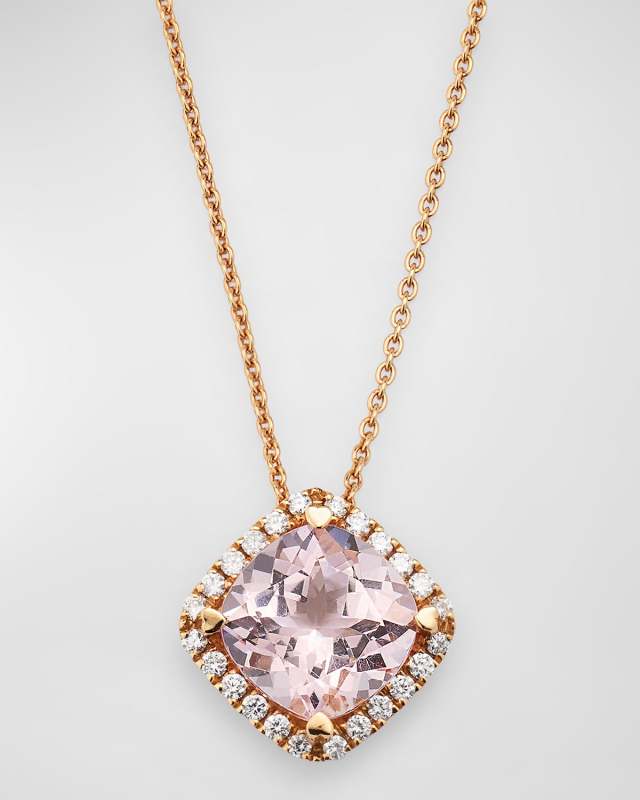 Rocks 18K Rose Gold Petite Cushion Cut Pink Morganite and Diamond Halo Pendant Necklace