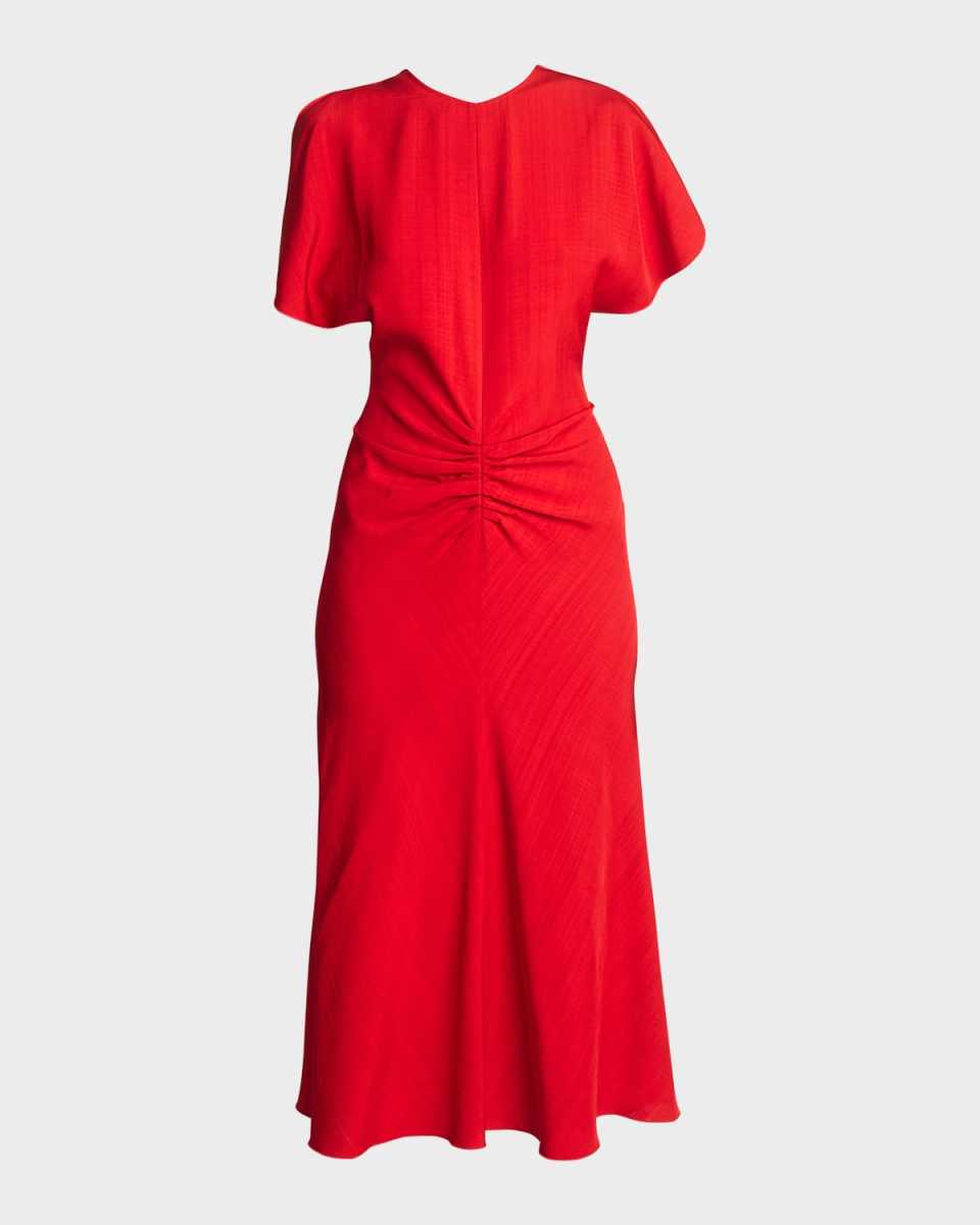 Gathered-Waist Short-Sleeve Midi Dress