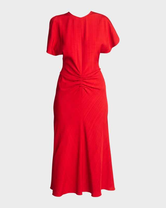 Gathered-Waist Short-Sleeve Midi Dress