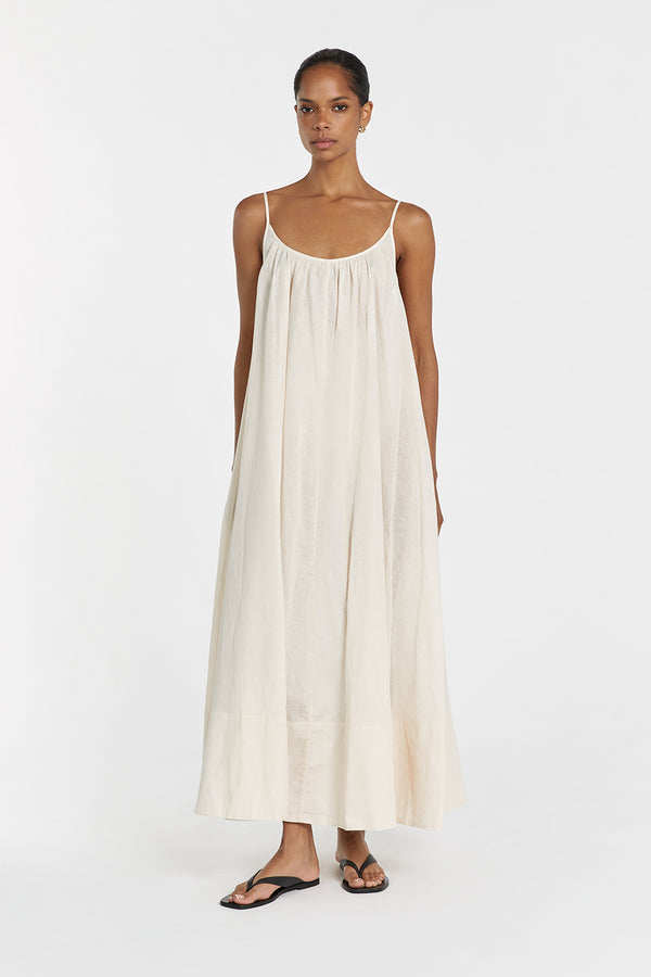 DISSH TROPEA CREAM LINEN SHEER MIDI DRESS