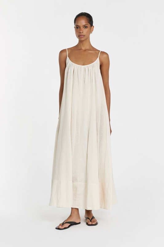 DISSH TROPEA CREAM LINEN SHEER MIDI DRESS