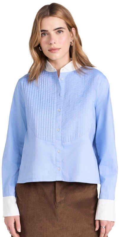 THE GREAT. The Pleated Tux Top Blue Oxford w/ White Poplin