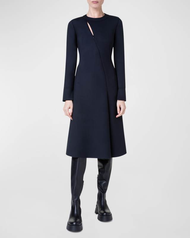 Neoprene Midi Dress with Front Zip Detail