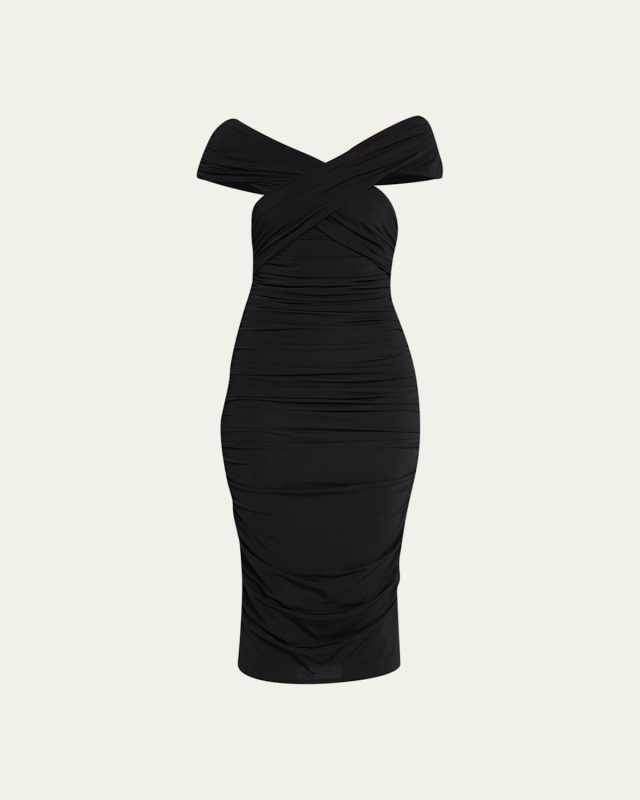 Off-The-Shoulder Ruched Jersey Midi Dress