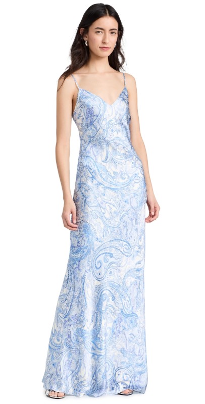L'AGENCE Serita Silk Slip Dress Ivory/Blue Decorated Paisley