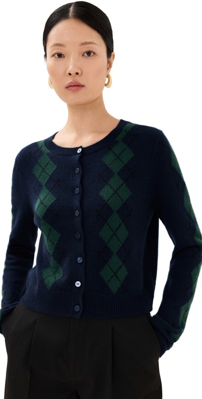 Reformation Clara Cashmere Crew Cardigan Navy Multi Argyle
