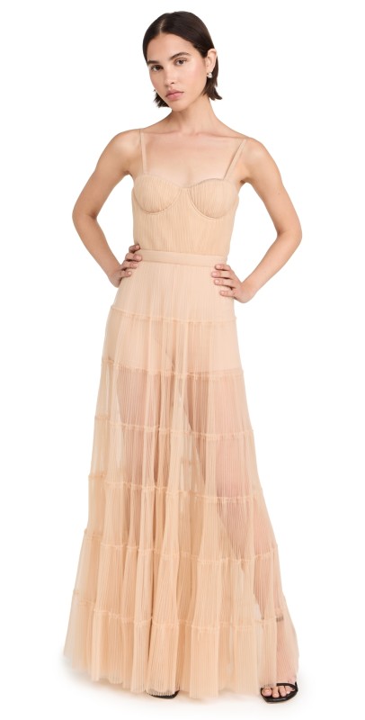 alice + olivia Deena Pleated Maxi Dress with Hot Pants Almond