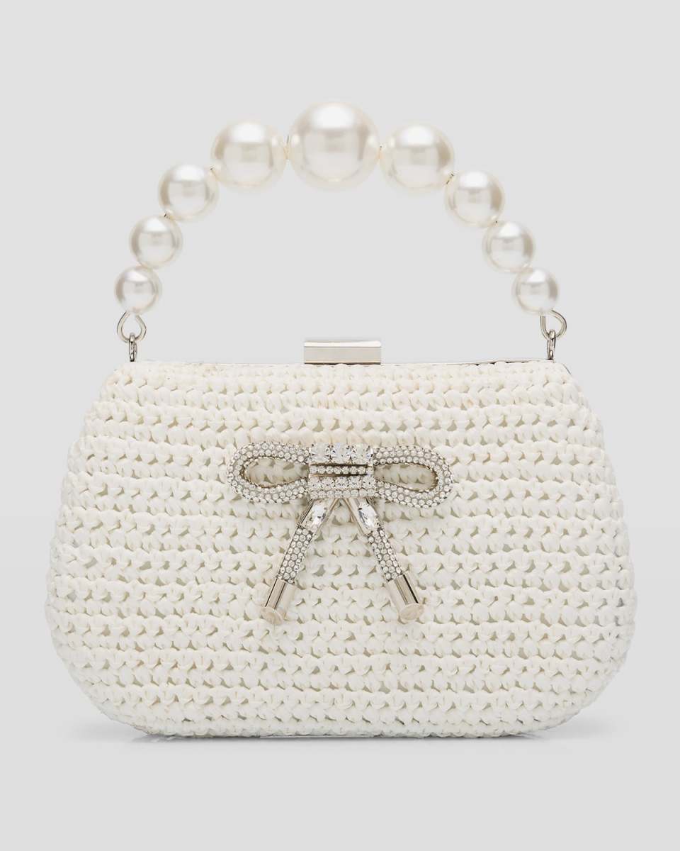 Bijou Bow Beaded Raffia Top-Handle Bag
