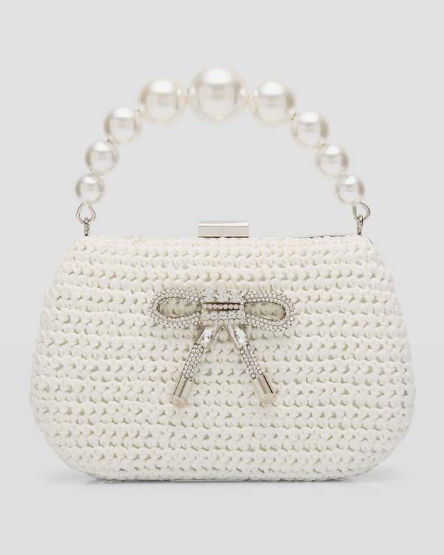 Bijou Bow Beaded Raffia Top-Handle Bag