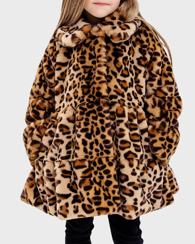 Girl's Cece Faux Leopard Swing Coat, Size XXS-L