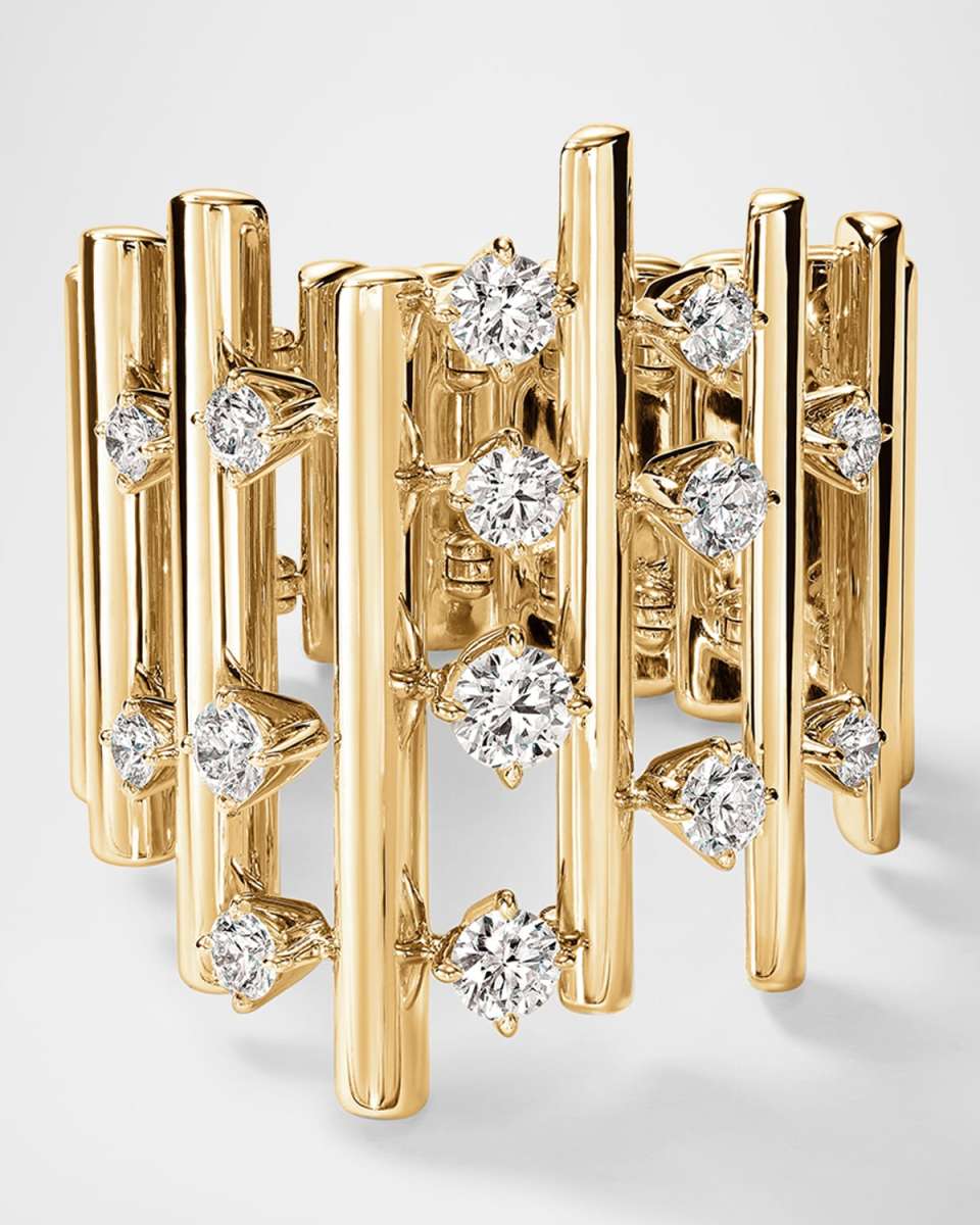 18K Yellow Gold Barre Multi-Row Diamond Ring