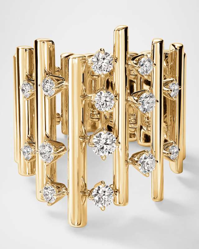 18K Yellow Gold Barre Multi-Row Diamond Ring
