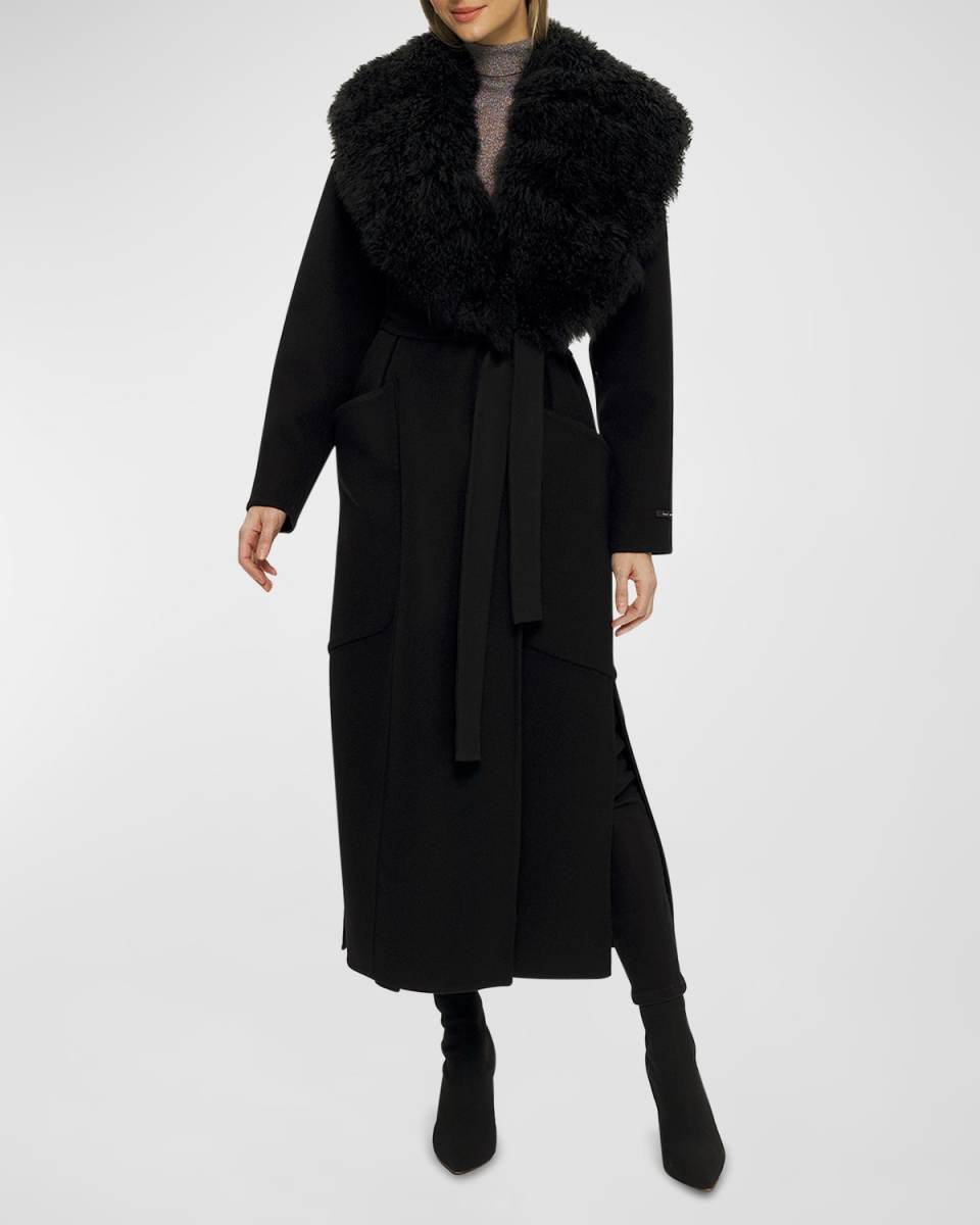 Wool-Cashmere Long Coat with Detachable Cashmere Goat Fur Collar