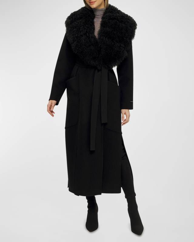 Wool-Cashmere Long Coat with Detachable Cashmere Goat Fur Collar