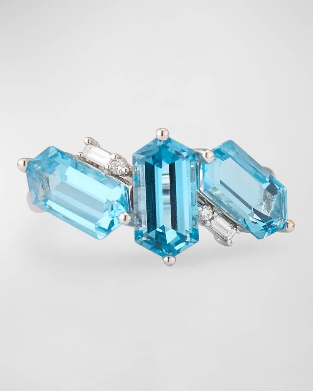 Rocks 18K White Gold Triple Hex Blue Topaz and Diamond Ring, Size 6