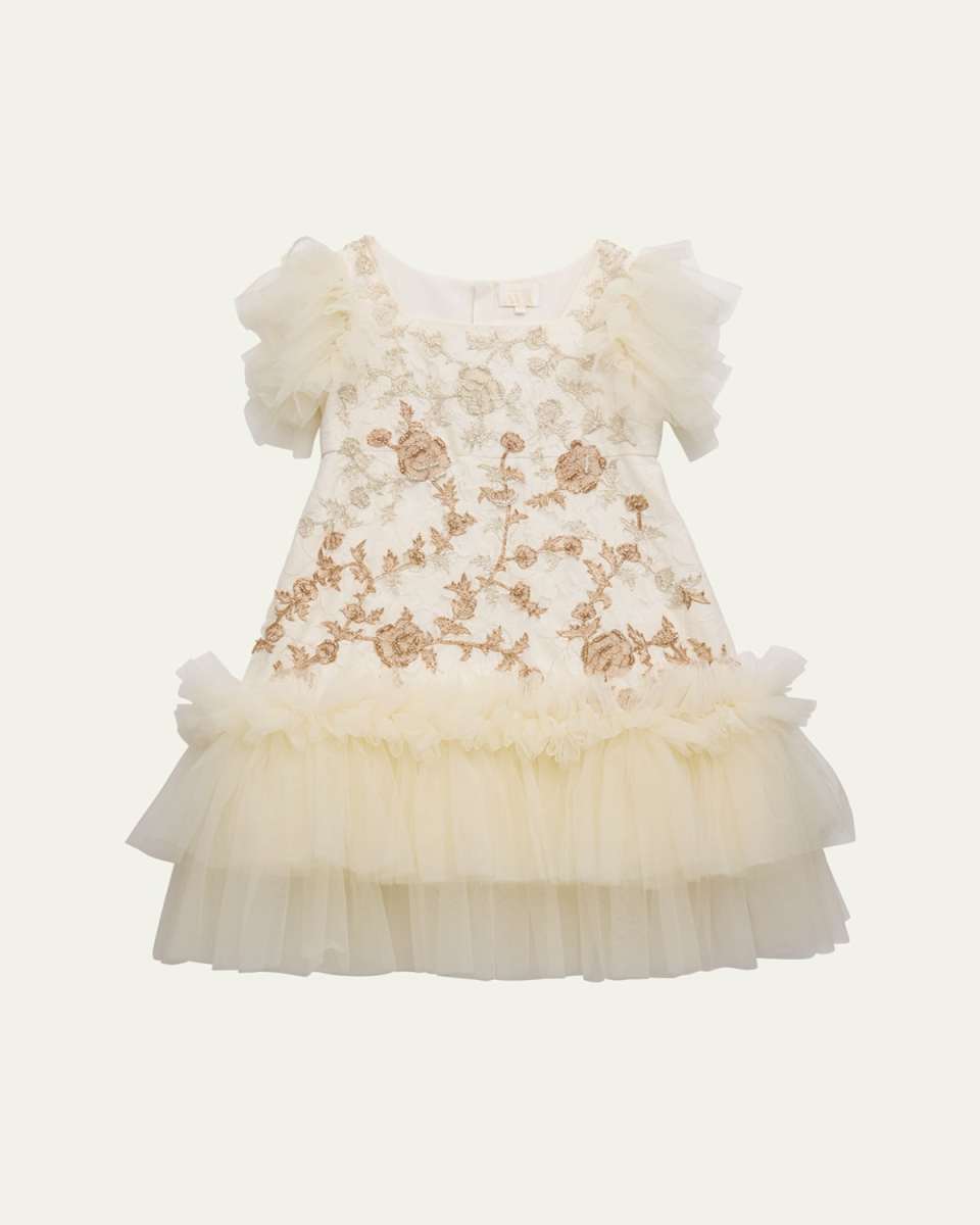 Girl's Everly Hand Embroidered Floral Layered Dress, Size 2-14