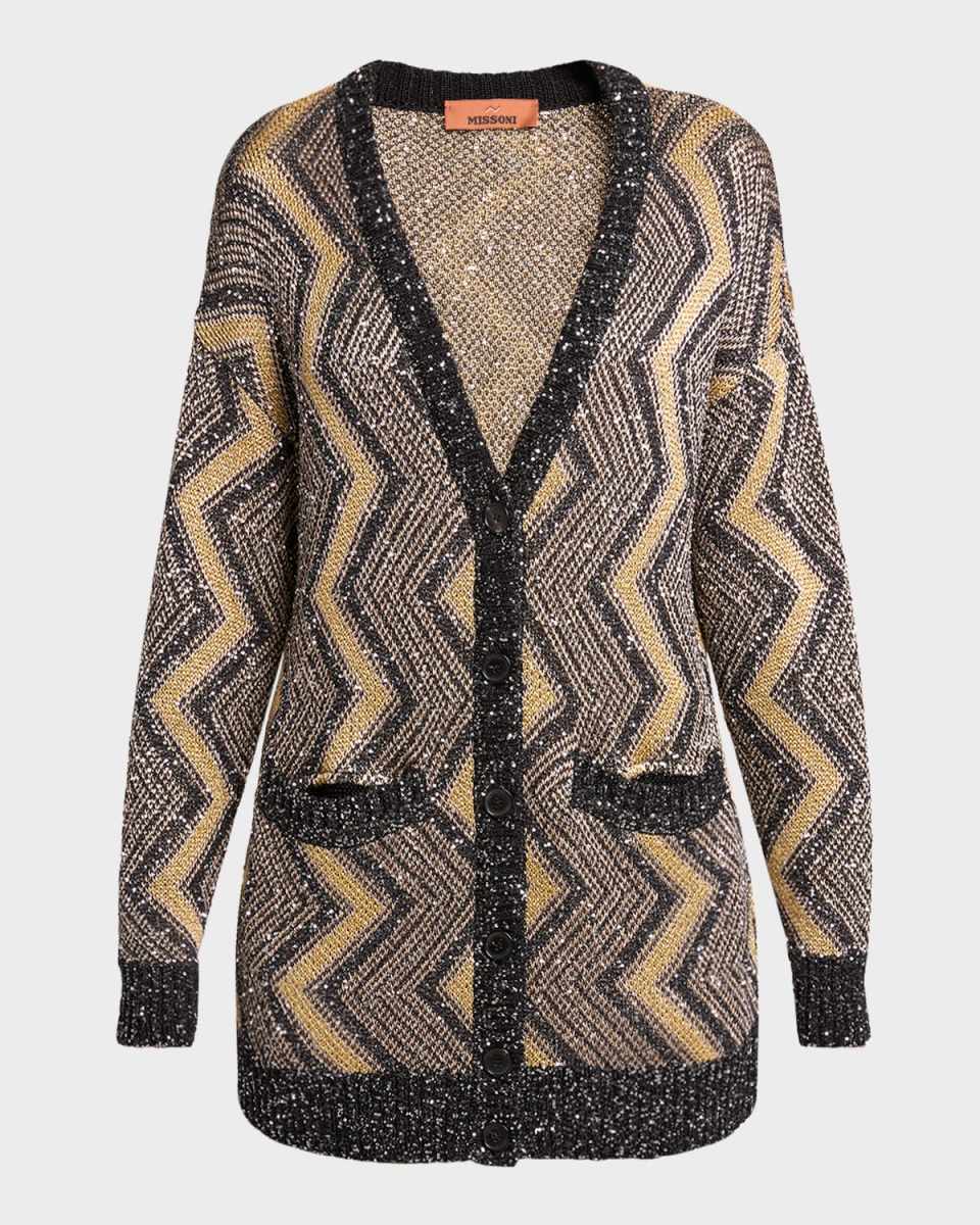 Paillette Chevron V-Neck Maxi Cardigan