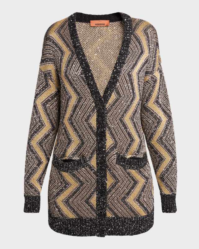 Paillette Chevron V-Neck Maxi Cardigan