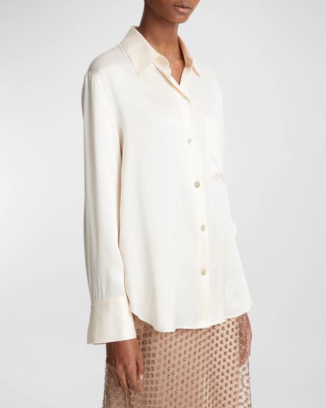 Long-Sleeve Silk Chest Pocket Blous