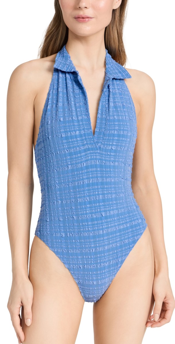 Lisa Marie Fernandez Polo Maillot One Piece Blue Striped Seersucker