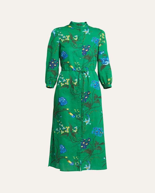 Band-Collar 3/4-Sleeve Belted Cotton Midi Shirtdress