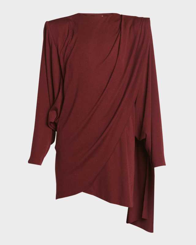 Draped Strong-Shoulder Long-Sleeve Mini Dress