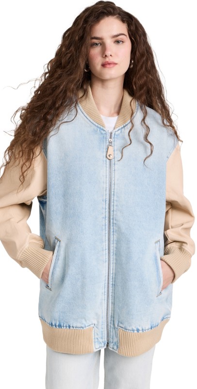 Stella McCartney Light Blue Vintage Wash Denim Bomber with Wave Altermat Patch Light Vintage Blue