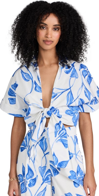 PatBO Nightflower Tie Front Cropped Top White