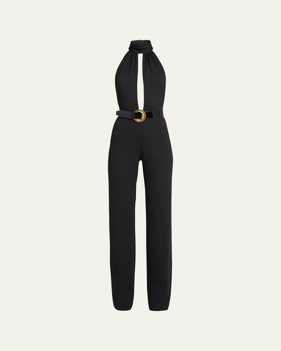 Stretch Sable Belted Halter Jumpsuit